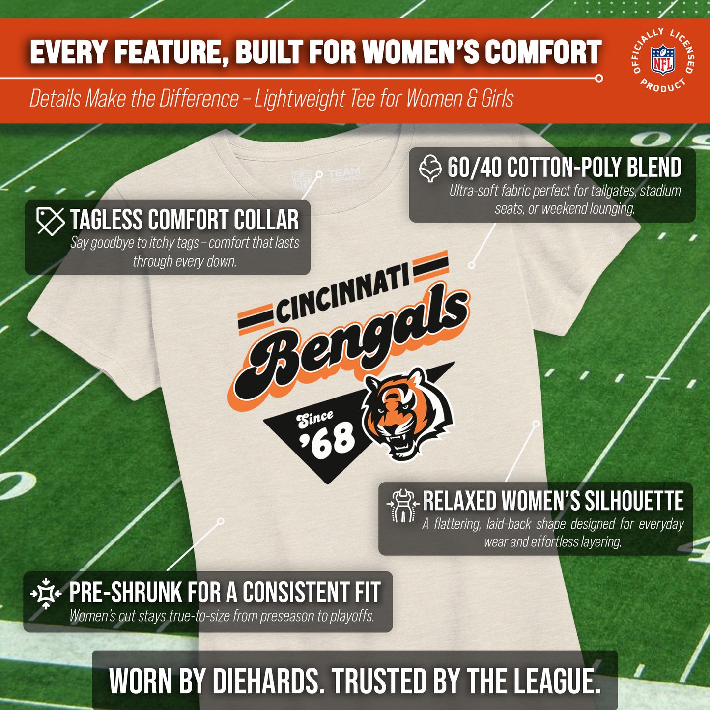 Cincinnati Bengals NFL Womens Vintage Charm Tag-Less Soft T-Shirt - Birch