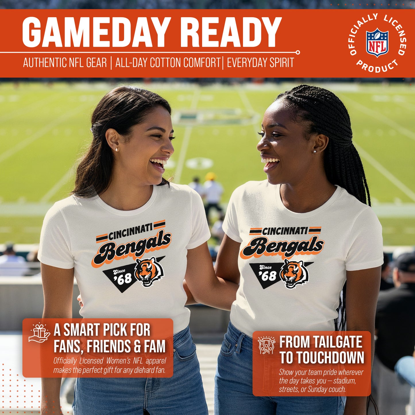 Cincinnati Bengals NFL Womens Vintage Charm Tag-Less Soft T-Shirt - Birch
