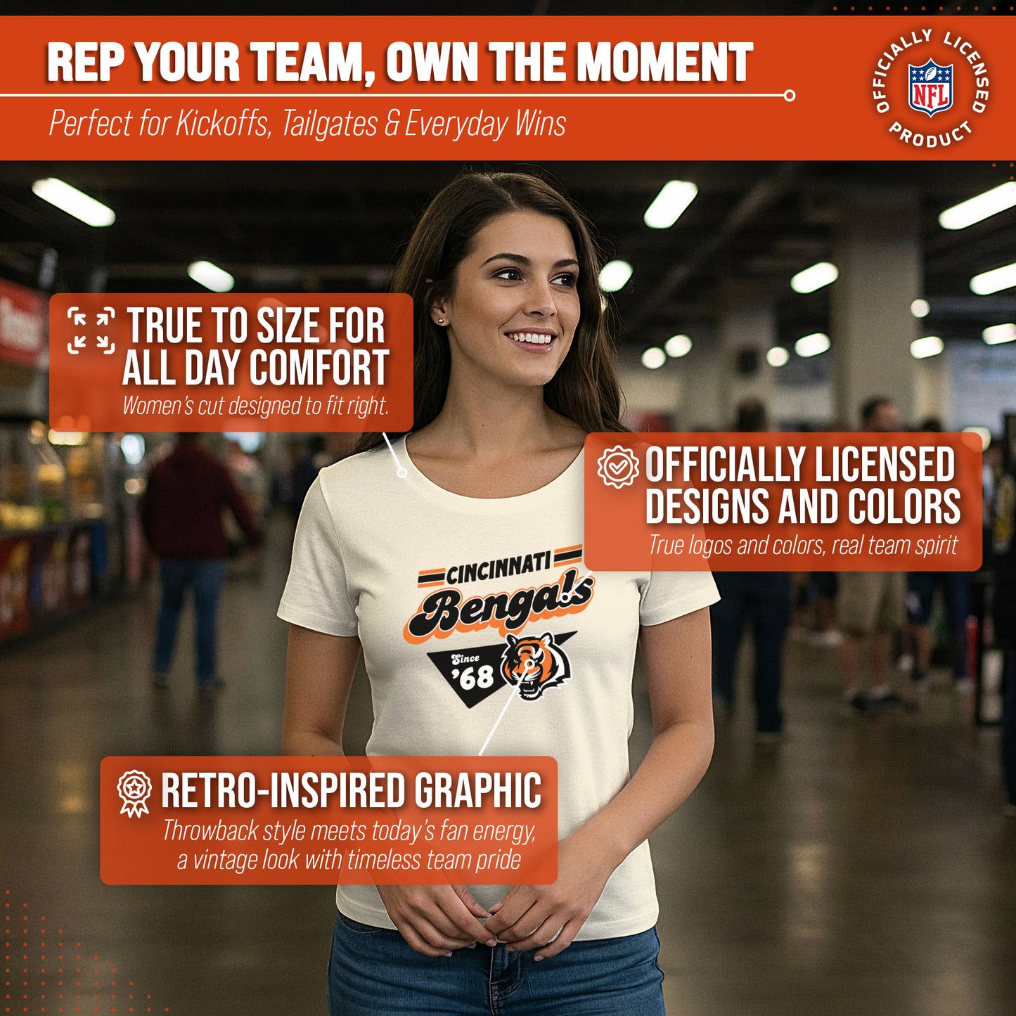 Cincinnati Bengals NFL Womens Vintage Charm Tag-Less Soft T-Shirt - Birch