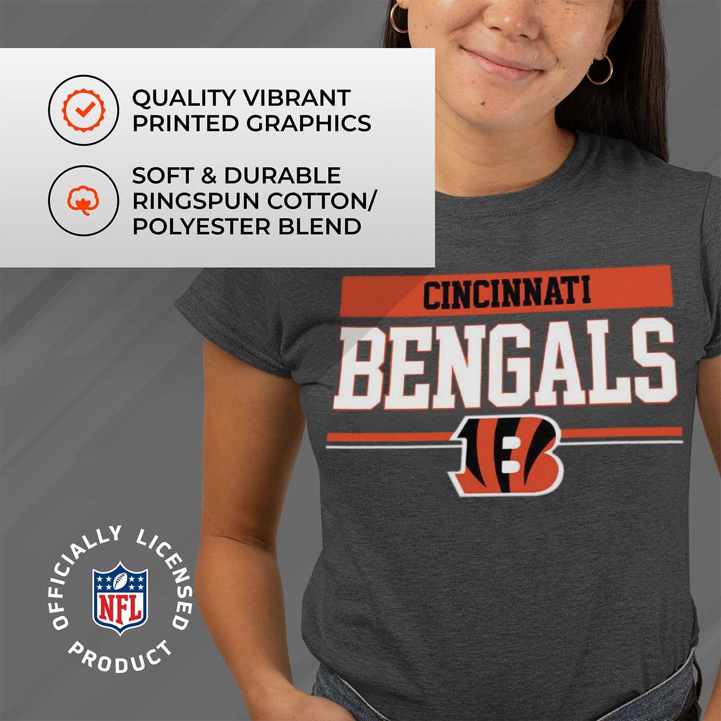 Cincinnati Bengals NFL Women's Team Block Charcoal Tagless T-Shirt - Charcoal
