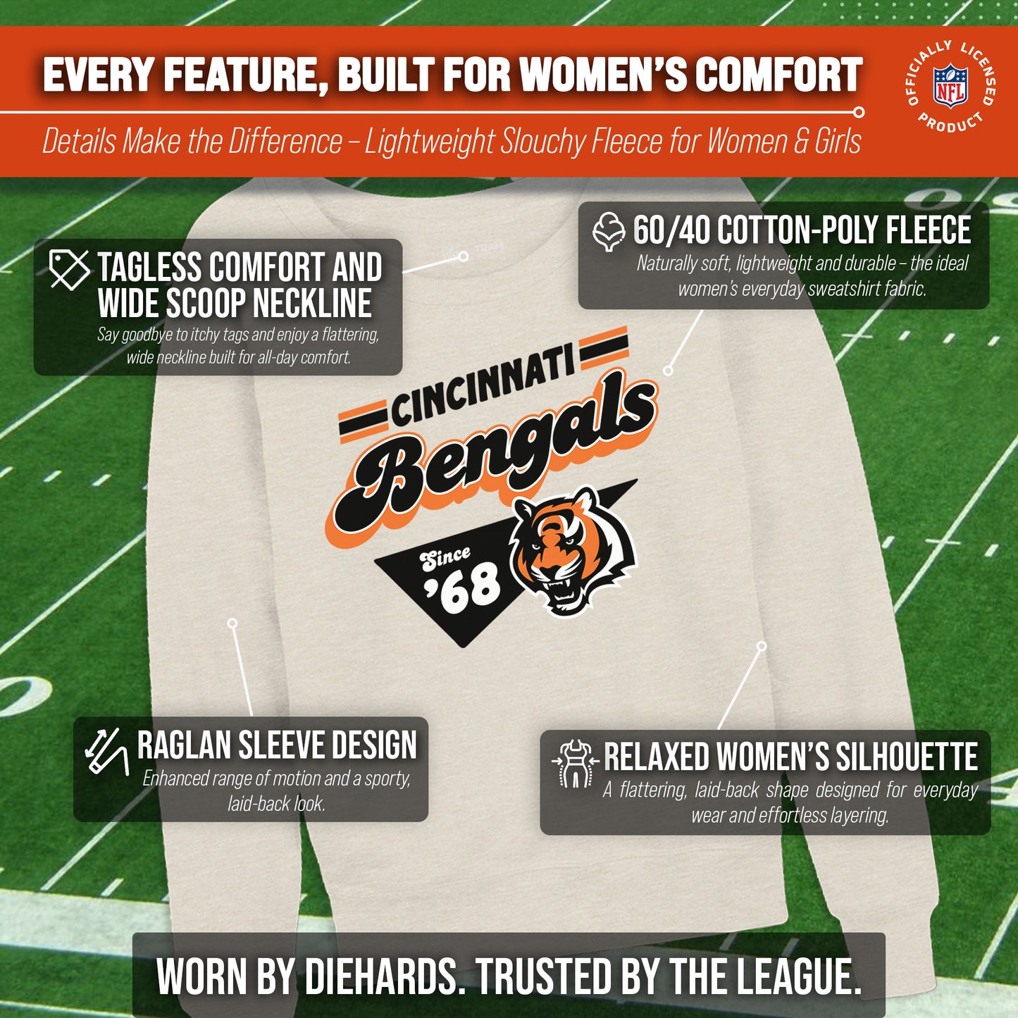 Cincinnati Bengals NFL Womens Vintage Charm Slouchy Crewneck - Birch