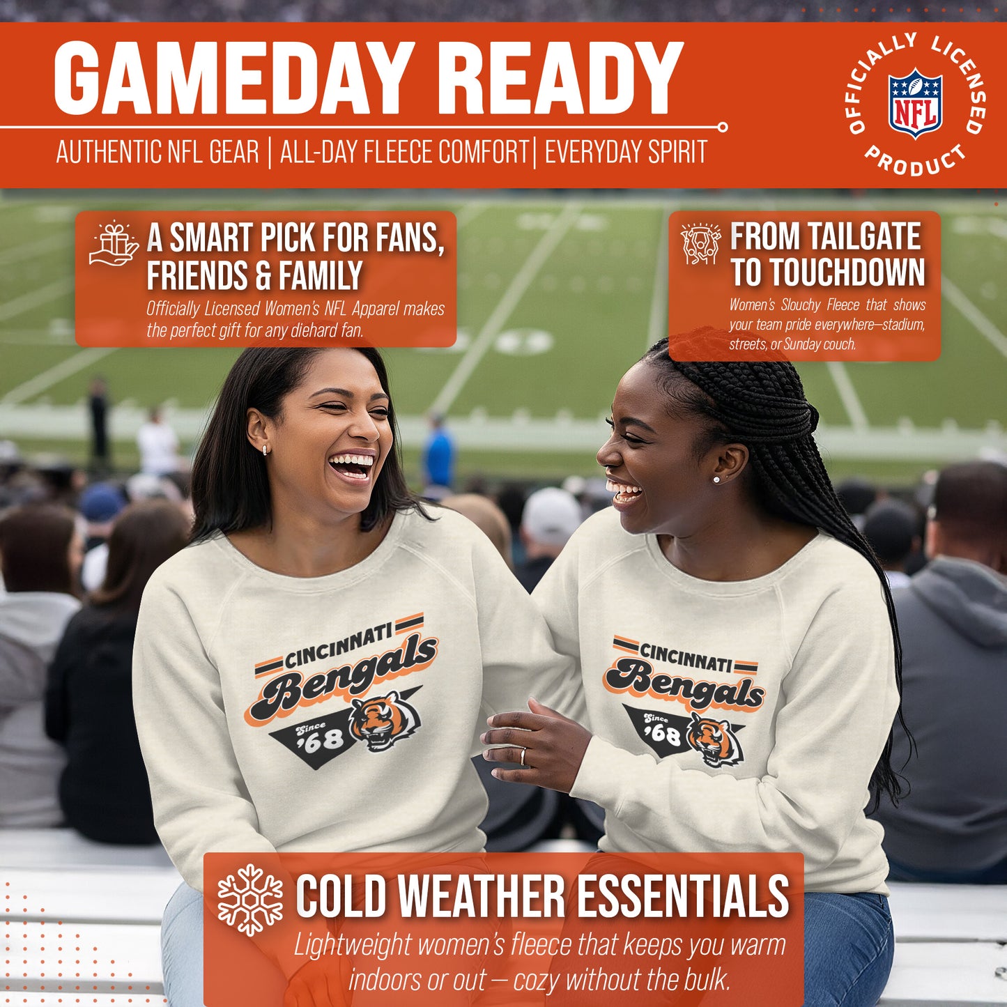 Cincinnati Bengals NFL Womens Vintage Charm Slouchy Crewneck - Birch