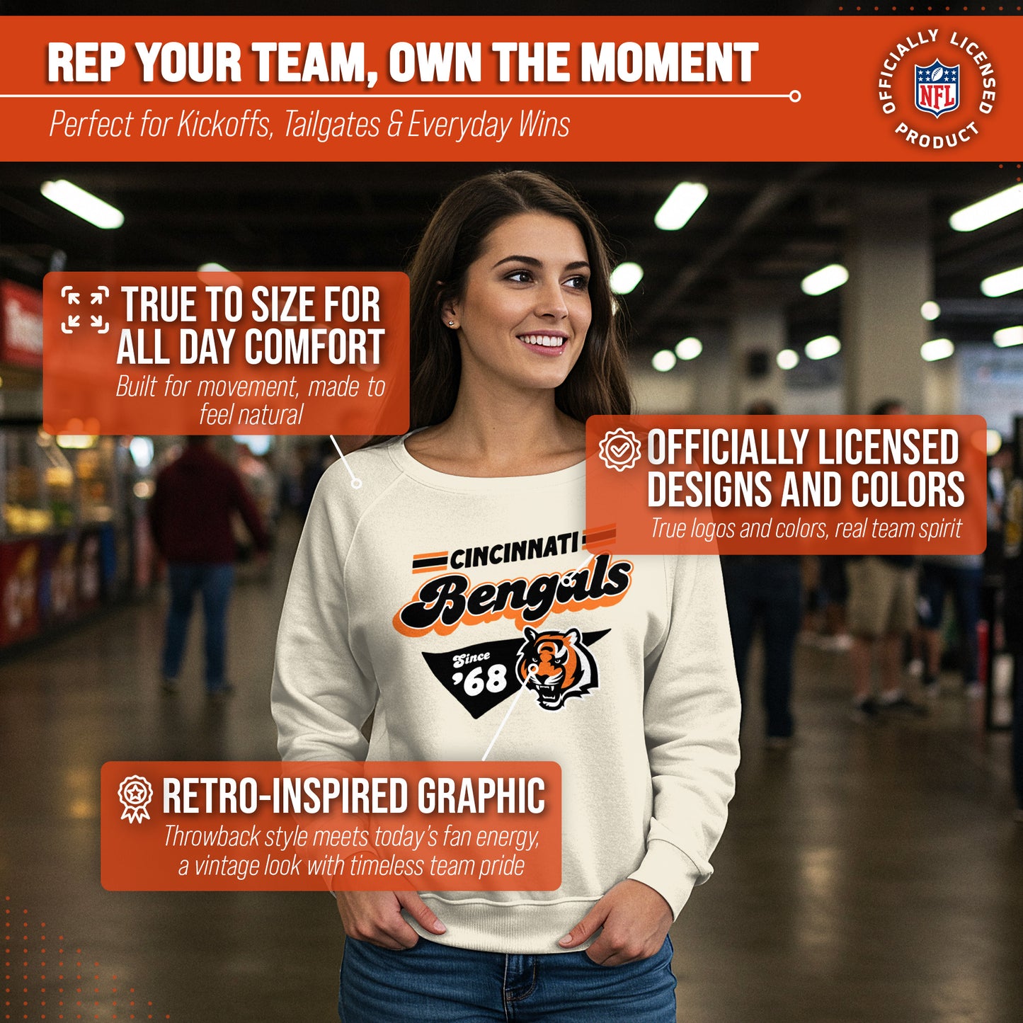 Cincinnati Bengals NFL Womens Vintage Charm Slouchy Crewneck - Birch