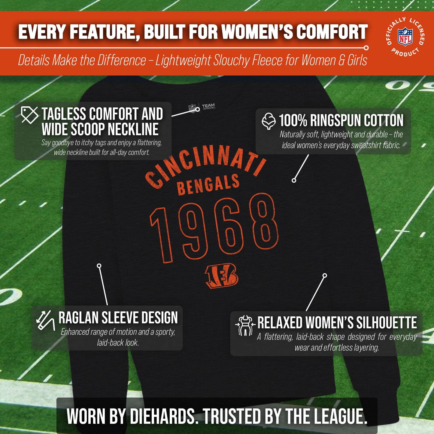 Cincinnati Bengals NFL Womens Big Date Slouchy Crewneck - Black