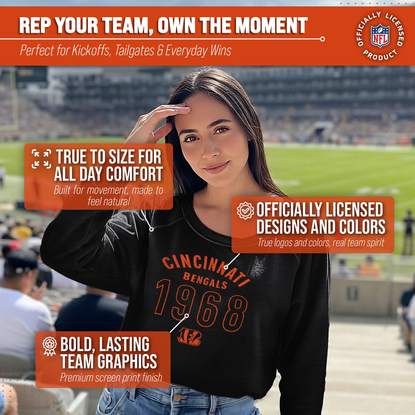 Cincinnati Bengals NFL Womens Big Date Slouchy Crewneck - Black