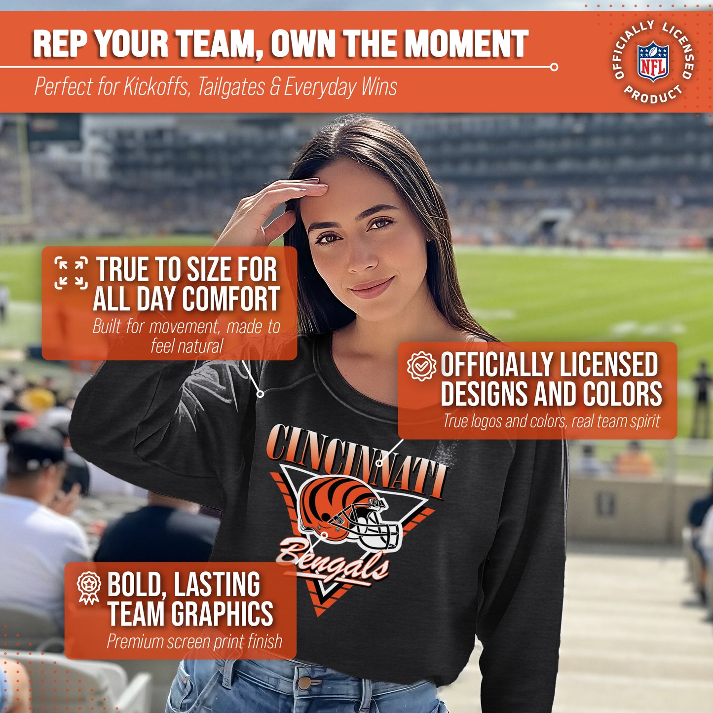 Cincinnati Bengals NFL Womens Retro Triangle Slouchy Crewneck - Heather Charcoal