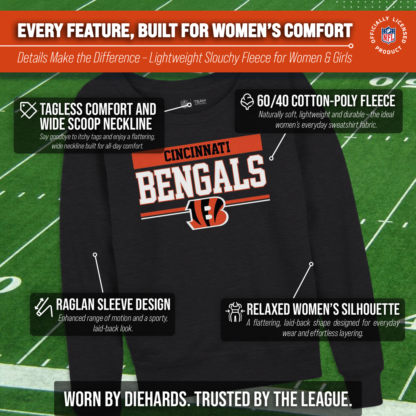 Cincinnati Bengals NFL Womens Charcoal Crew Neck Football Apparel - Charcoal