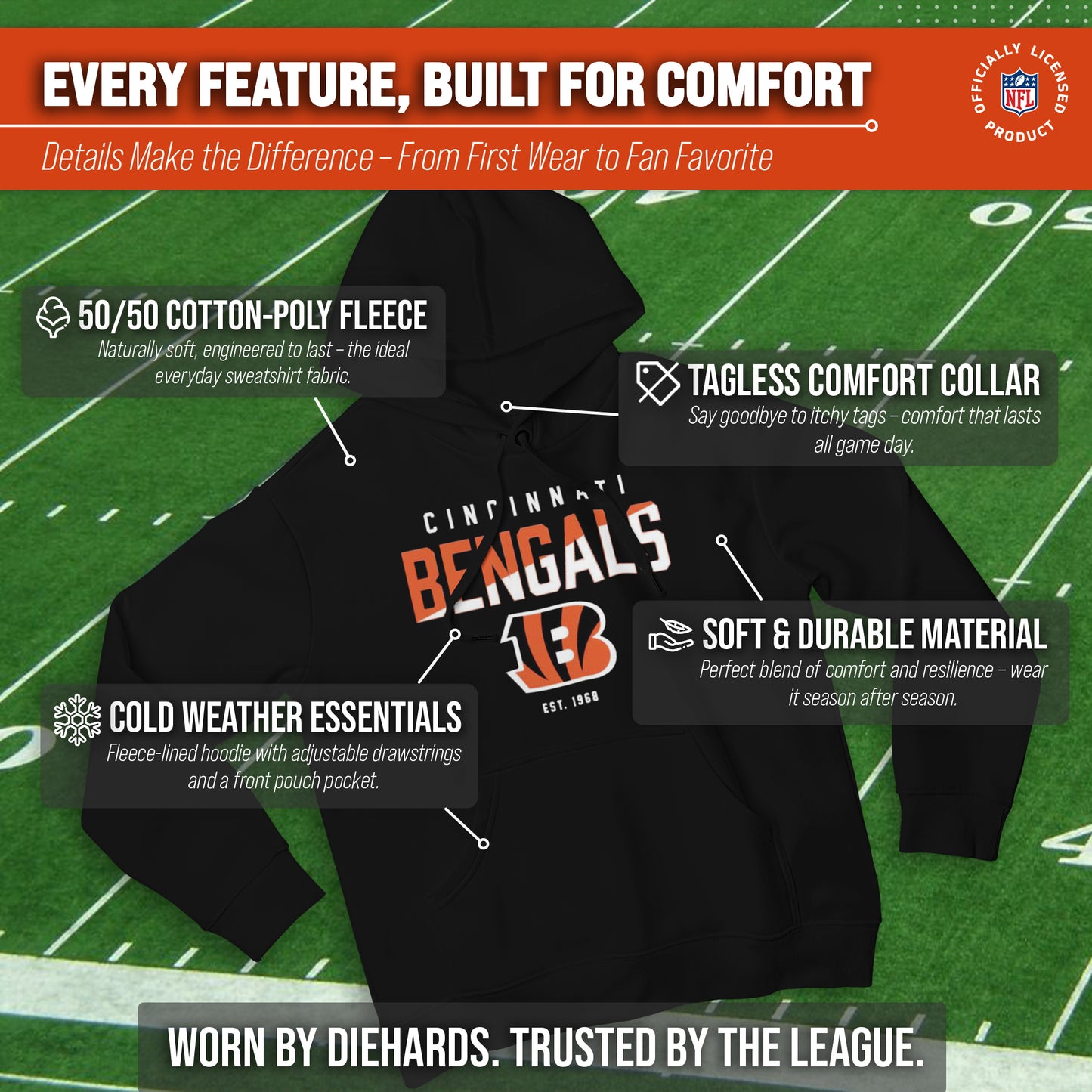 Cincinnati Bengals Adult NFL Diagonal Fade Fleece Hooded Sweatshirt - Black