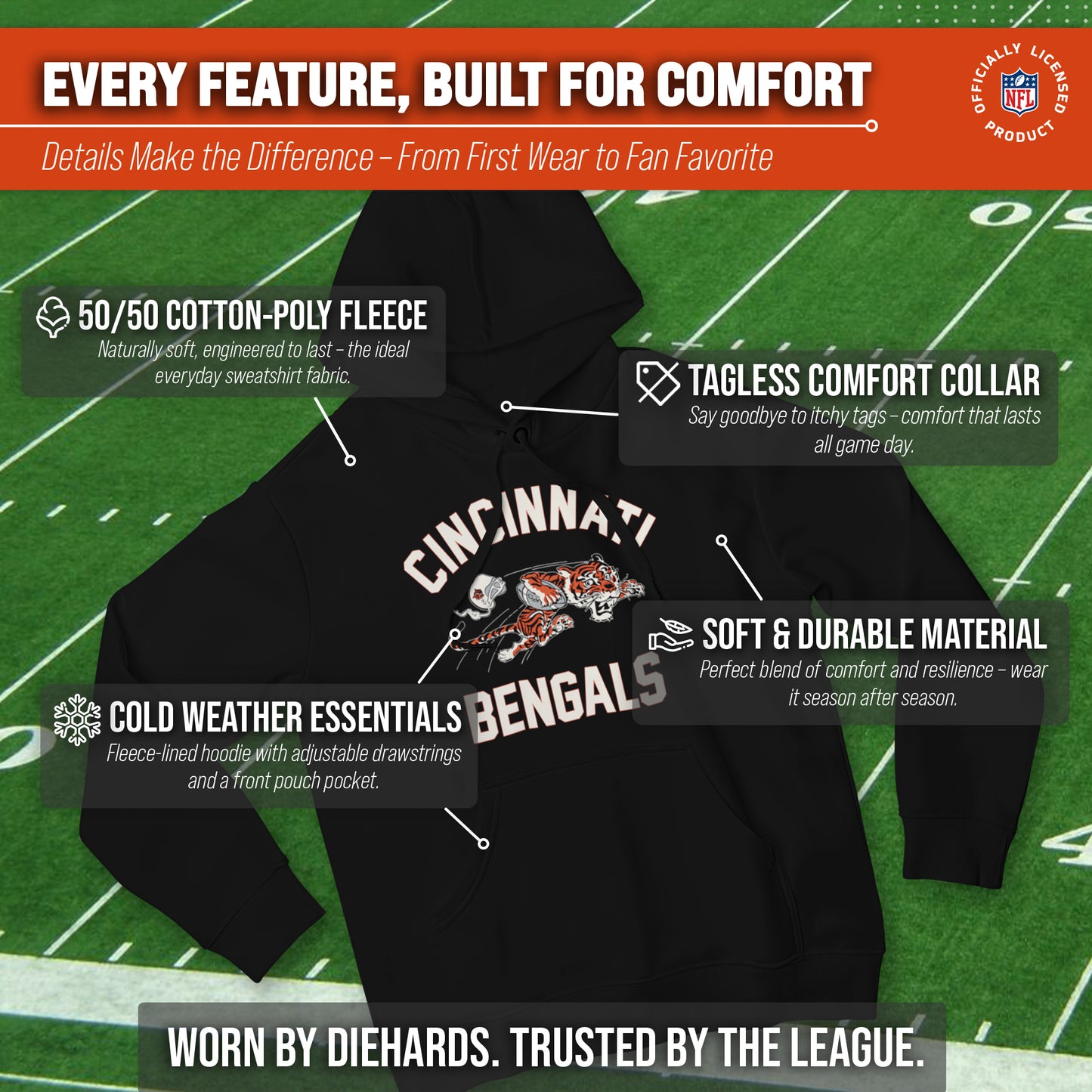 Cincinnati Bengals NFL Adult Unisex Retro Gameday Ultra Soft Fleece Hooded Sweatshirt - Black