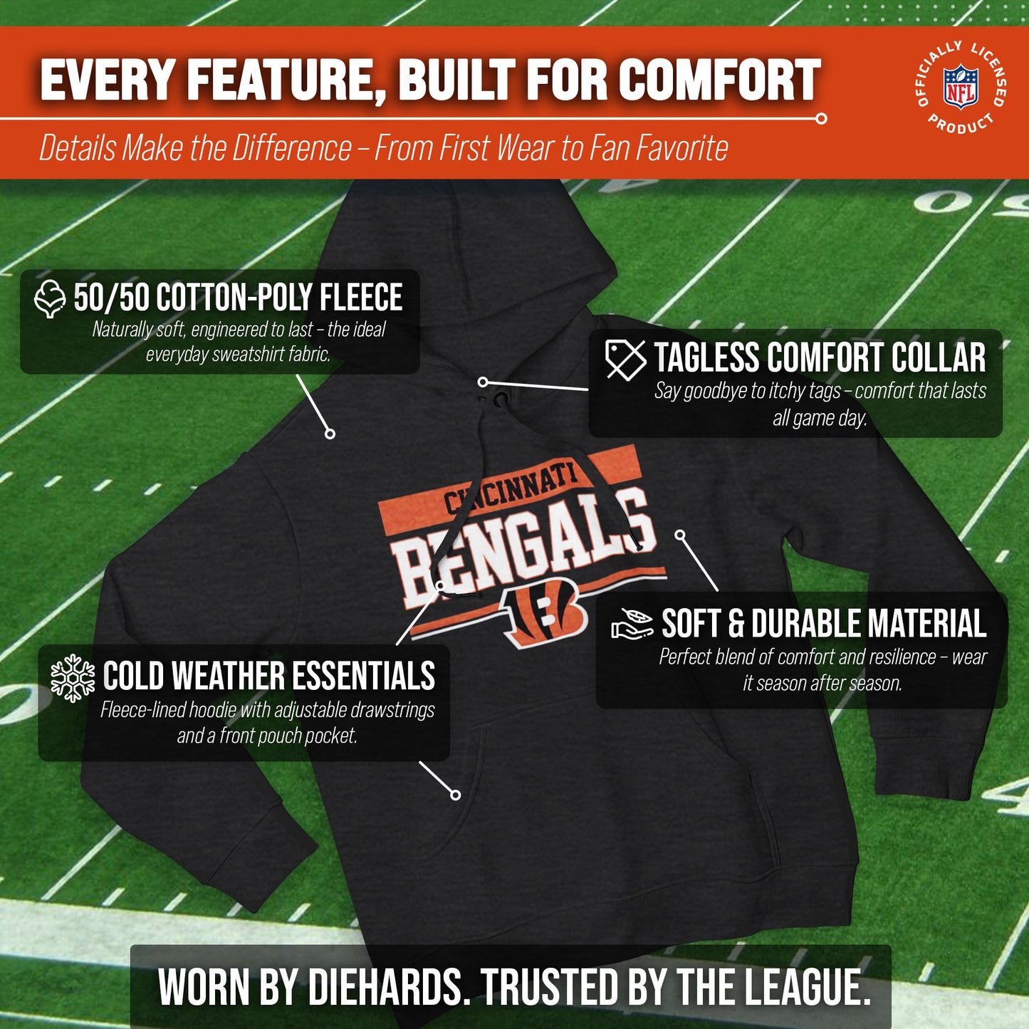 Cincinnati Bengals NFL Adult Gameday Charcoal Hooded Sweatshirt - Charcoal