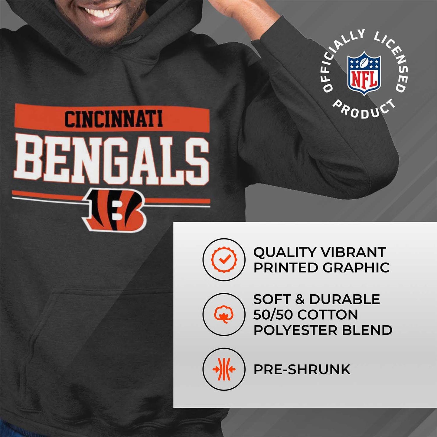 Cincinnati Bengals NFL Adult Gameday Charcoal Hooded Sweatshirt - Charcoal