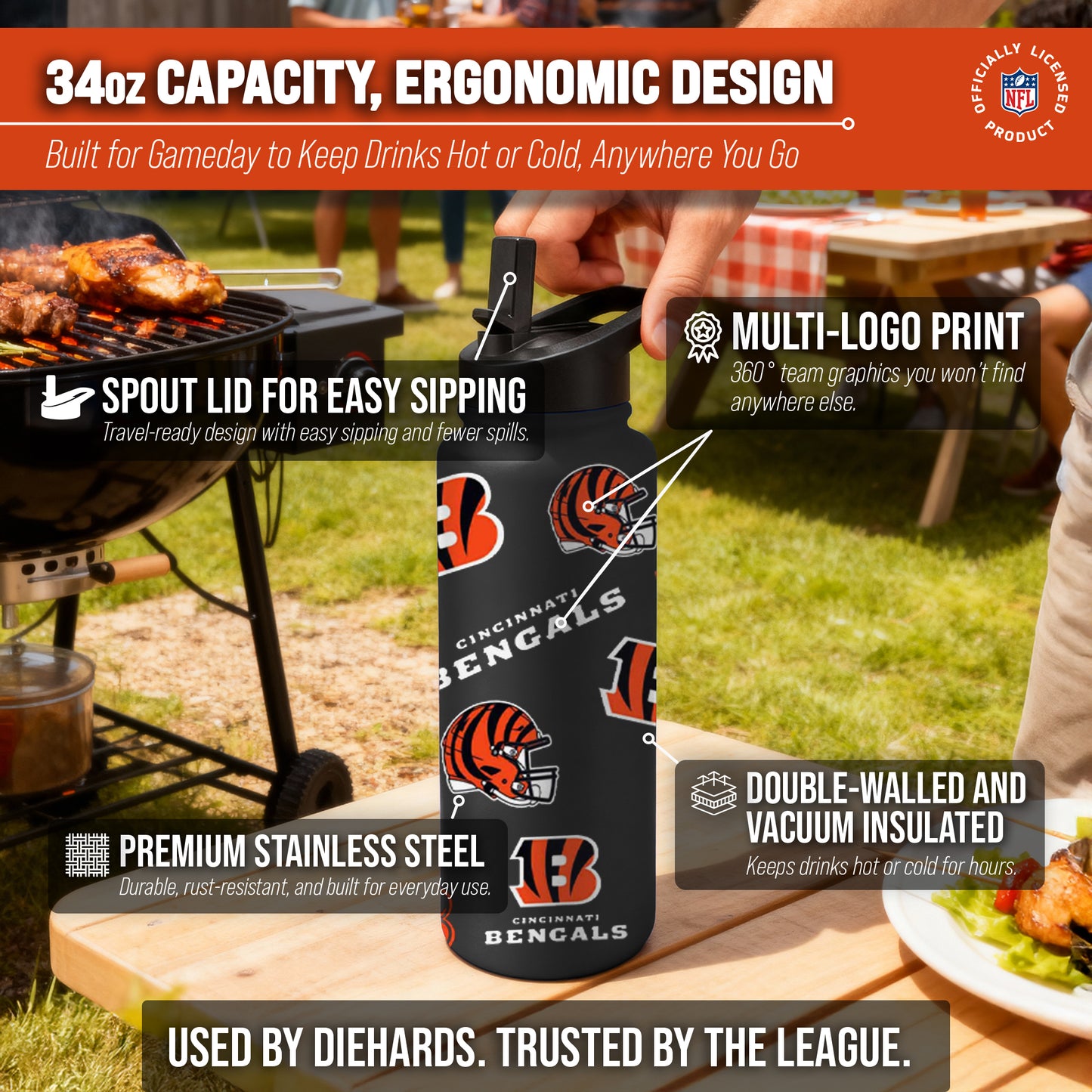 Cincinnati Bengals NFL 34Oz Native Quencher Water Bottle - Black