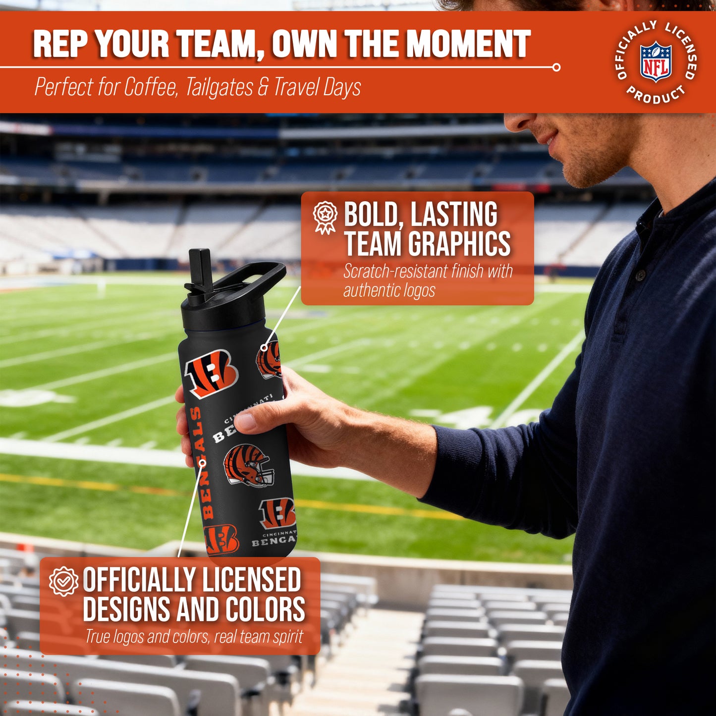 Cincinnati Bengals NFL 34Oz Native Quencher Water Bottle - Black