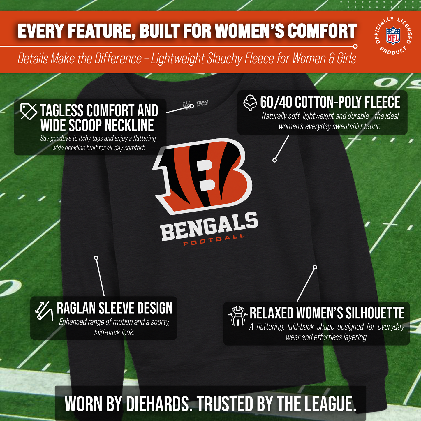 Cincinnati Bengals Women's NFL Ultimate Fan Logo Slouchy Crewneck -Tagless Fleece Lightweight Pullover - Charcoal