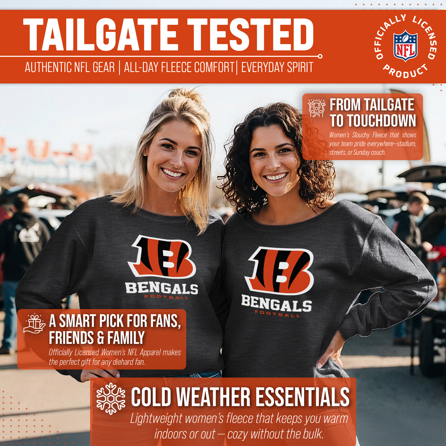 Cincinnati Bengals Women's NFL Ultimate Fan Logo Slouchy Crewneck -Tagless Fleece Lightweight Pullover - Charcoal