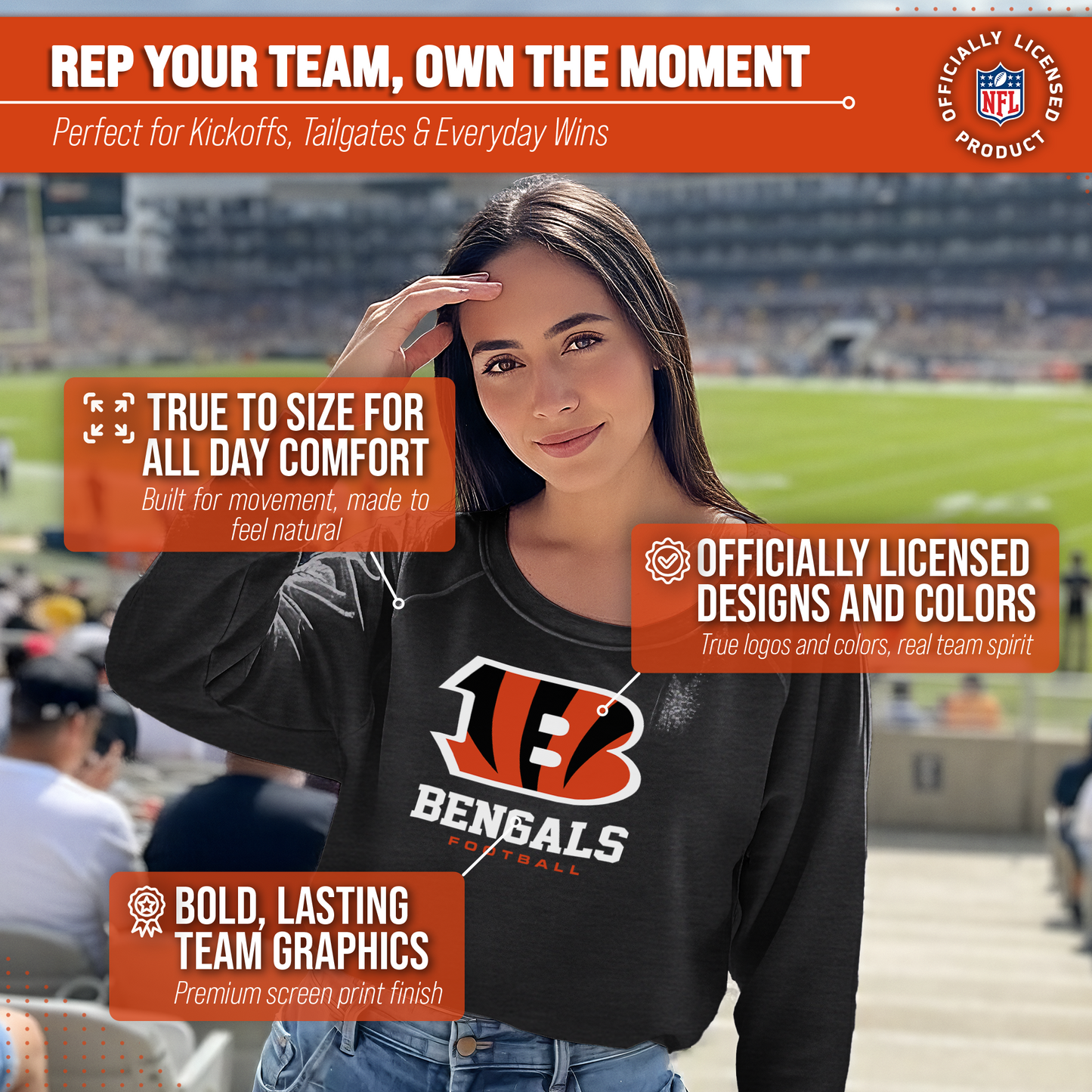 Cincinnati Bengals Women's NFL Ultimate Fan Logo Slouchy Crewneck -Tagless Fleece Lightweight Pullover - Charcoal