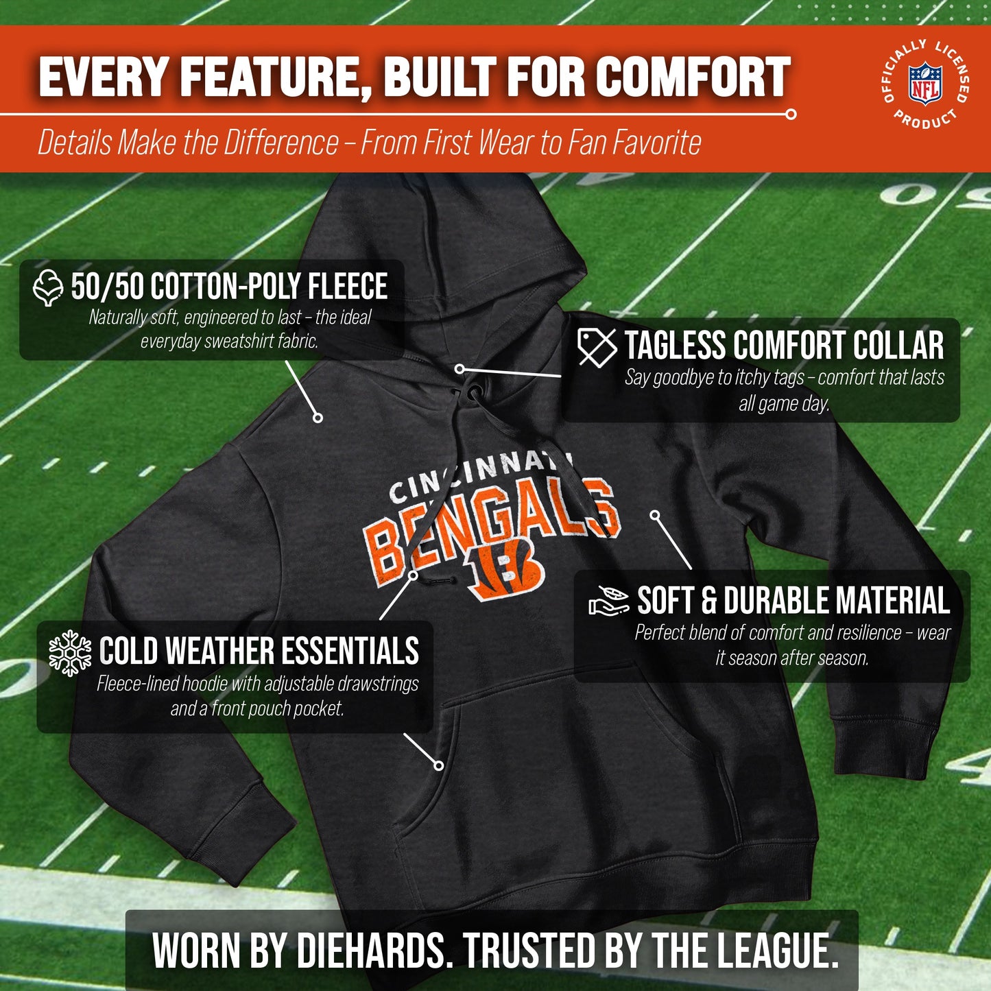 Cincinnati Bengals NFL Adult Unisex Starting Fresh Ultra Soft Fleece Hooded Sweatshirt - Black Heather