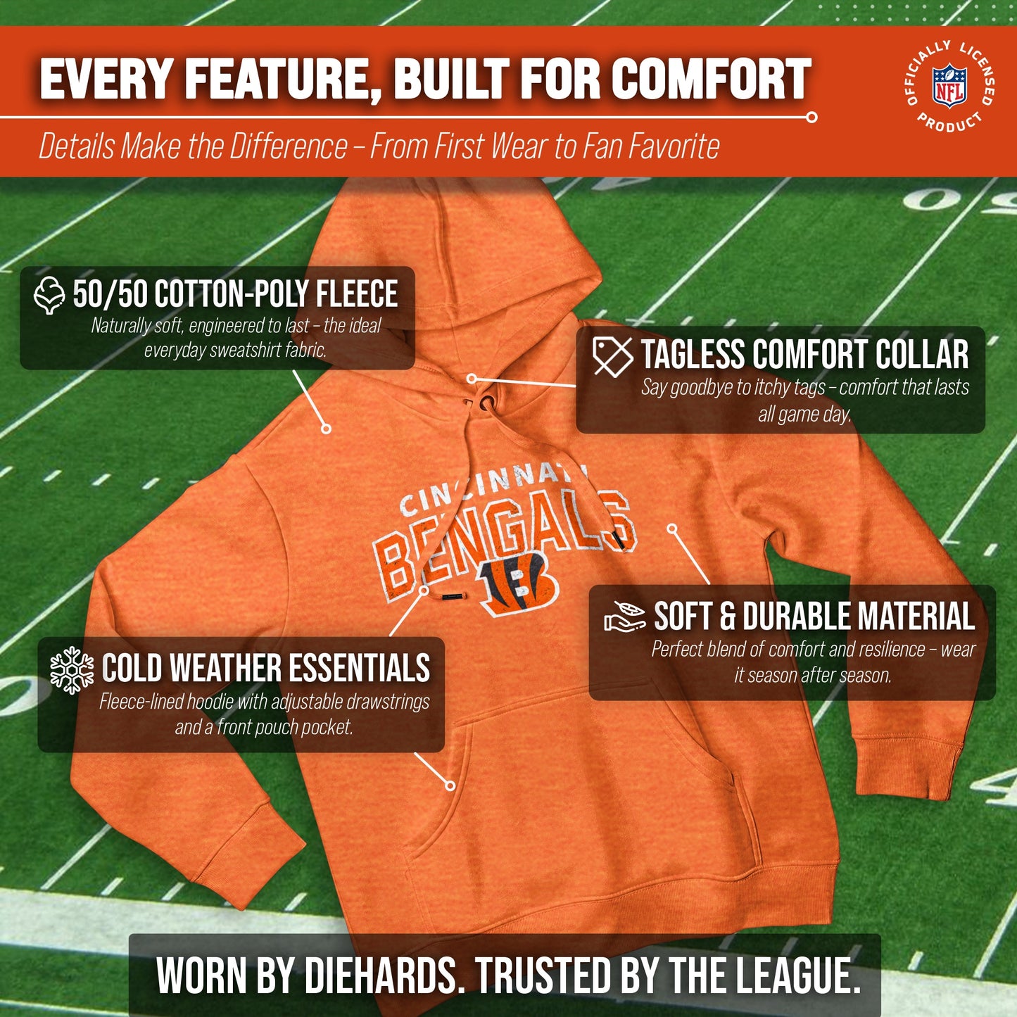 Cincinnati Bengals NFL Adult Unisex Starting Fresh Ultra Soft Fleece Hooded Sweatshirt - Orange