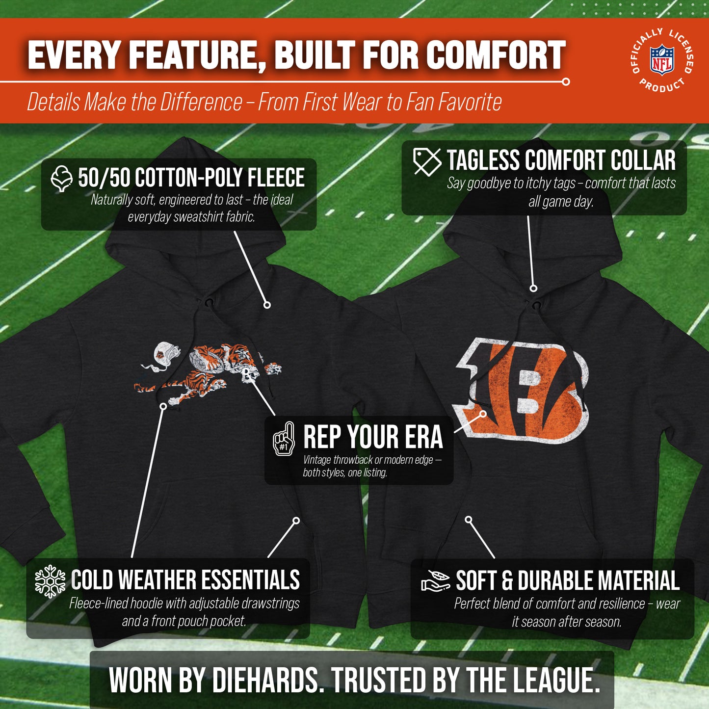 Cincinnati Bengals NFL Adult Unisex Modern Throwback Ultra Soft Fleece Hooded Sweatshirt - Black Heather