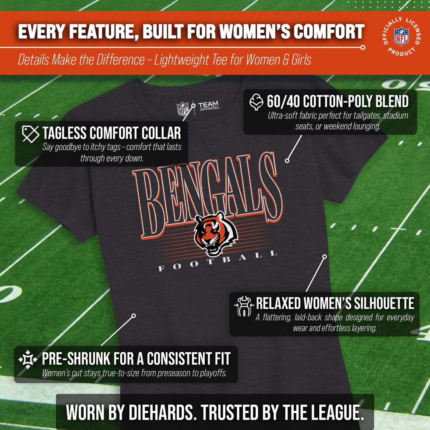 Cincinnati Bengals NFL Womens Overtime Blueprint Tag-Less T-Shirt - Black