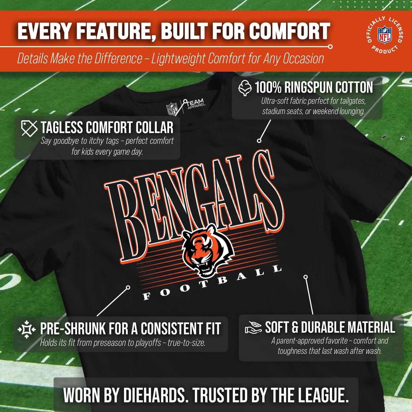 Cincinnati Bengals NFL Youth Overtime Blueprint Football T-Shirt Unisex Tag Free Comfortable - Black