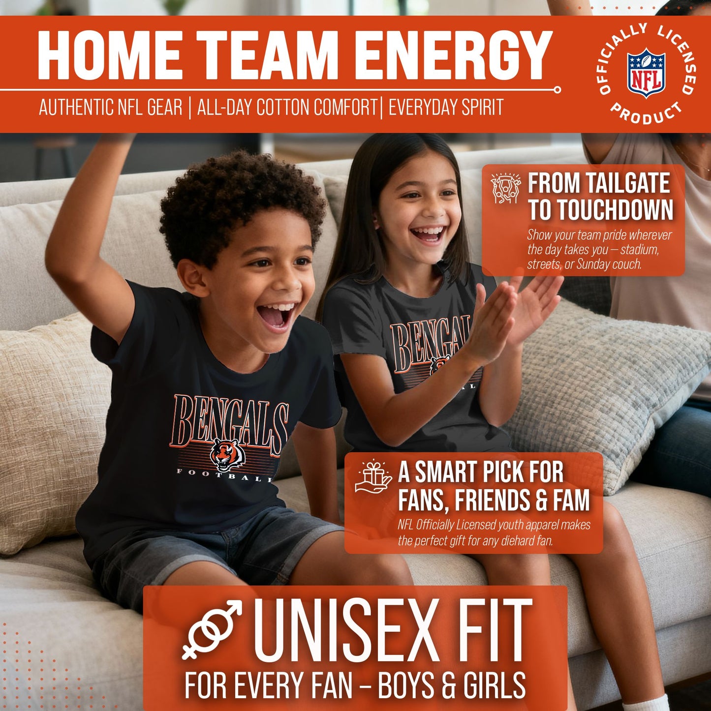 Cincinnati Bengals NFL Youth Overtime Blueprint Football T-Shirt Unisex Tag Free Comfortable - Black