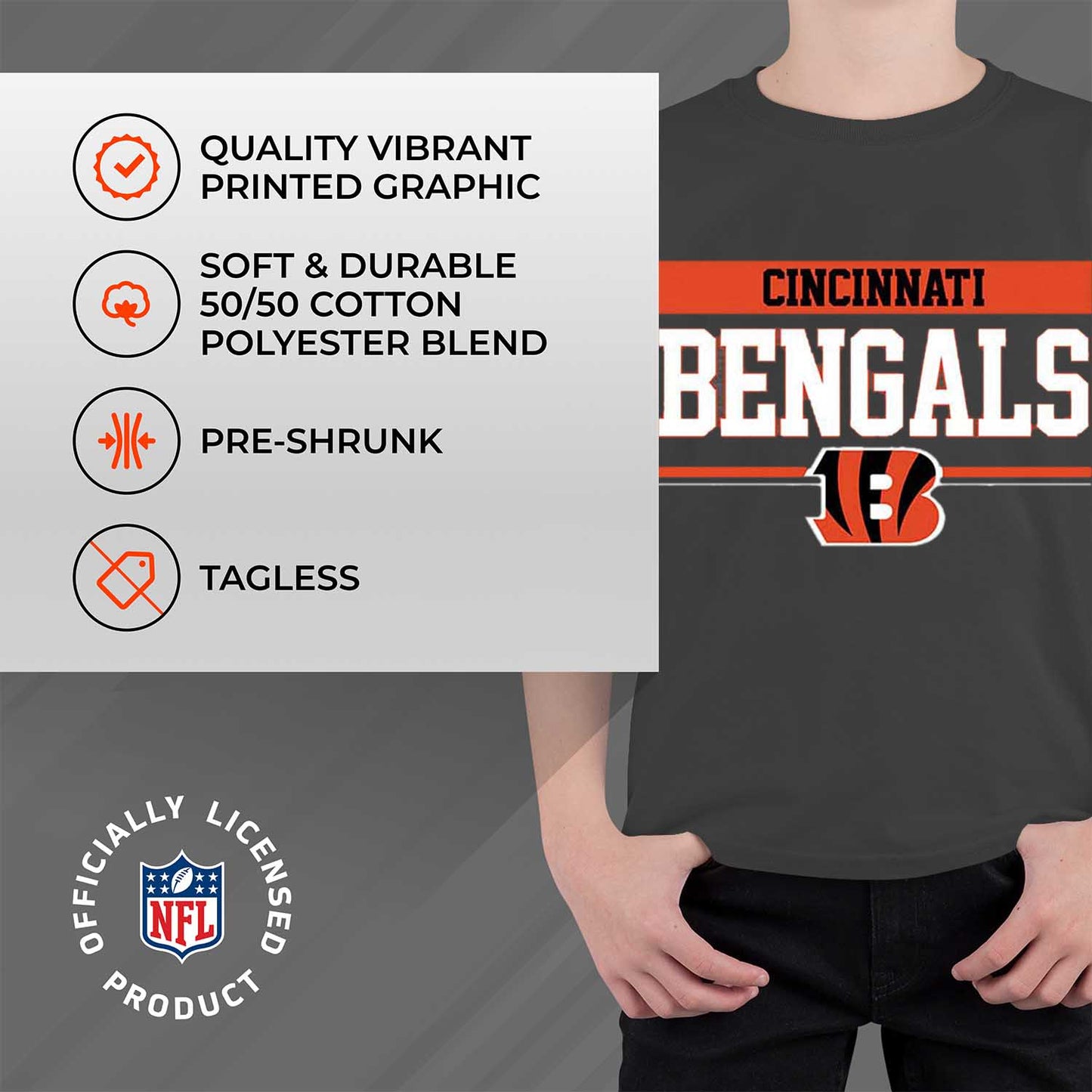 Cincinnati Bengals NFL Youth Short Sleeve Charcoal T Shirt - Charcoal