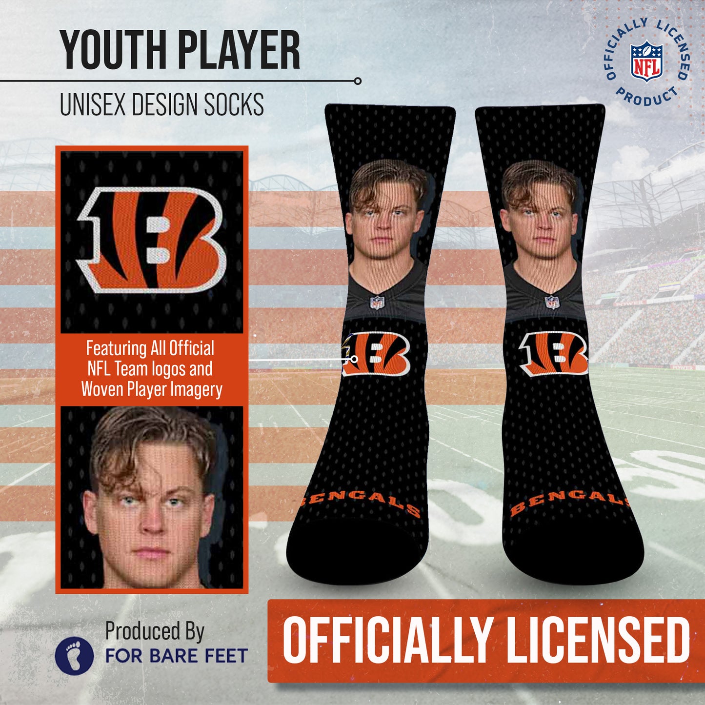 Cincinnati Bengals NFL Youth Roster Player Crew Socks - Black