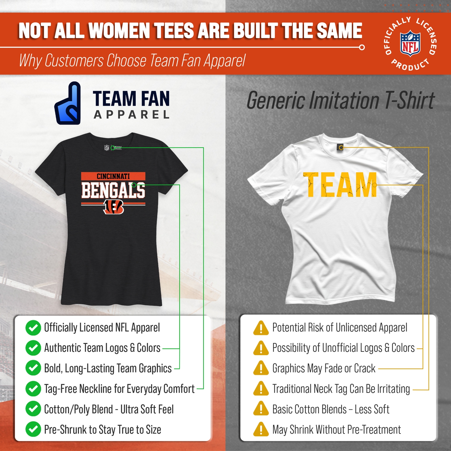 Cincinnati Bengals NFL Women's Team Block Charcoal Tagless T-Shirt - Charcoal