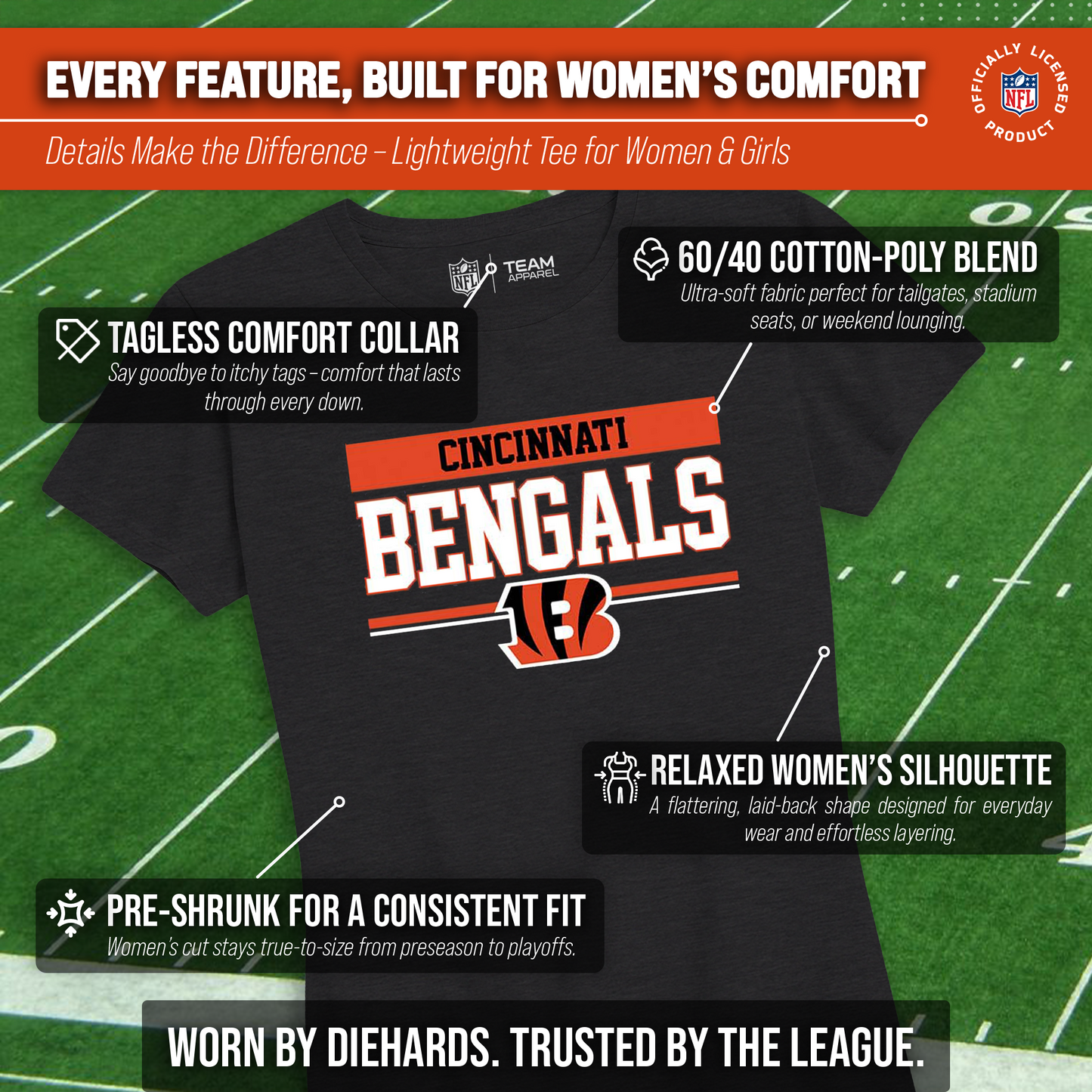 Cincinnati Bengals NFL Women's Team Block Charcoal Tagless T-Shirt - Charcoal