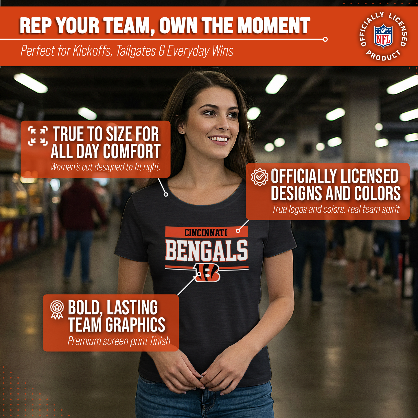 Cincinnati Bengals NFL Women's Team Block Charcoal Tagless T-Shirt - Charcoal