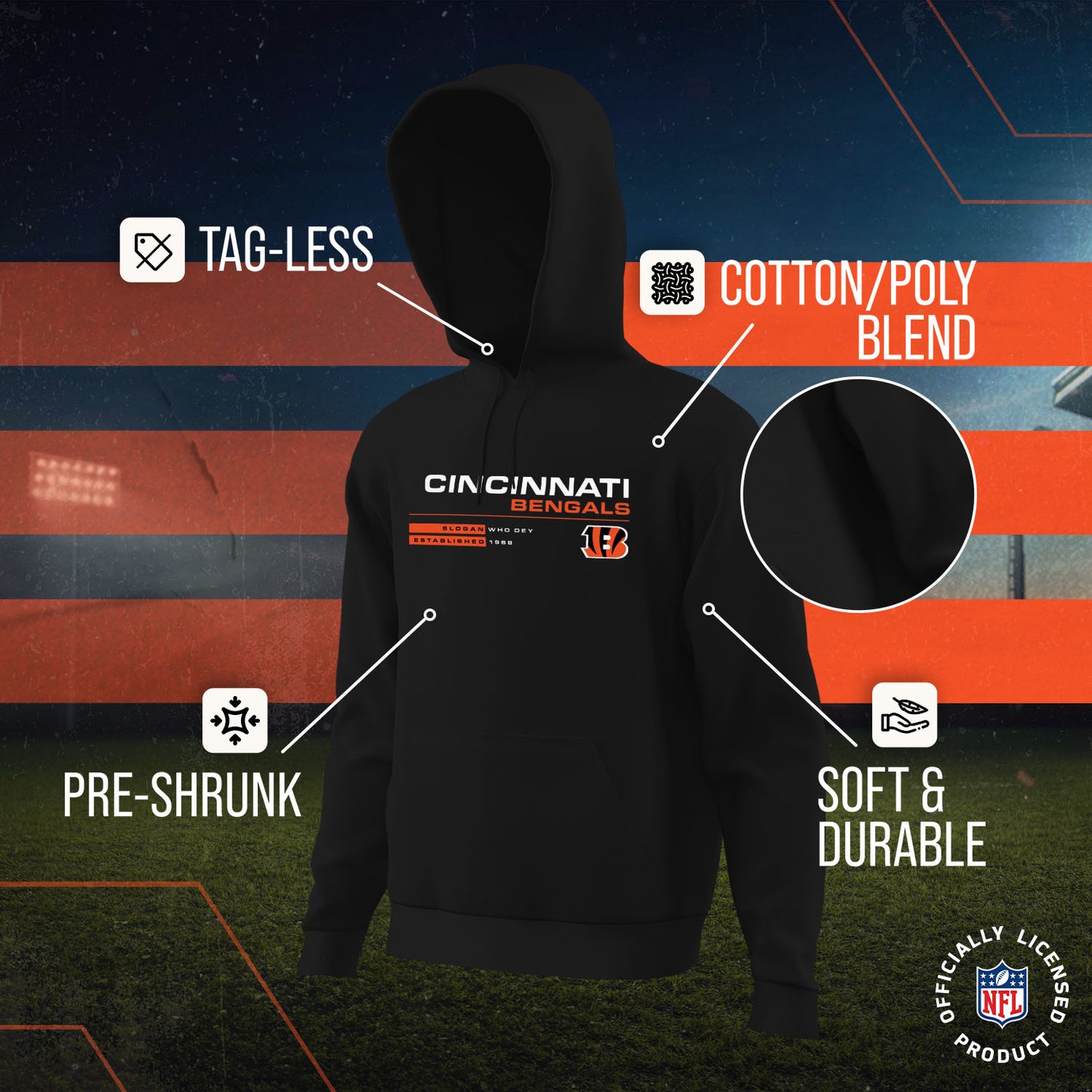 Cincinnati Bengals Adult NFL Speed Stat Sheet Fleece Hooded Sweatshirt - Black