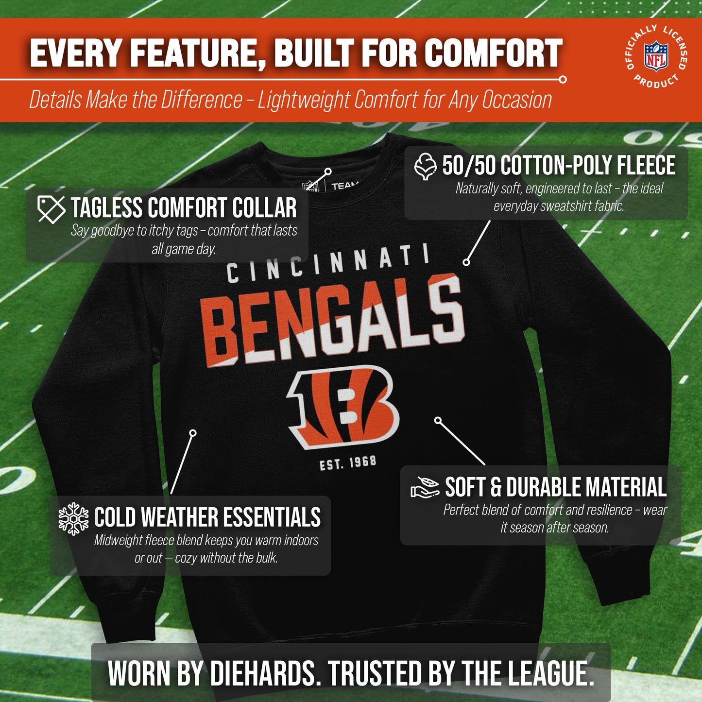 Cincinnati Bengals Adult NFL Diagonal Fade Color Block Crewneck Sweatshirt - Black