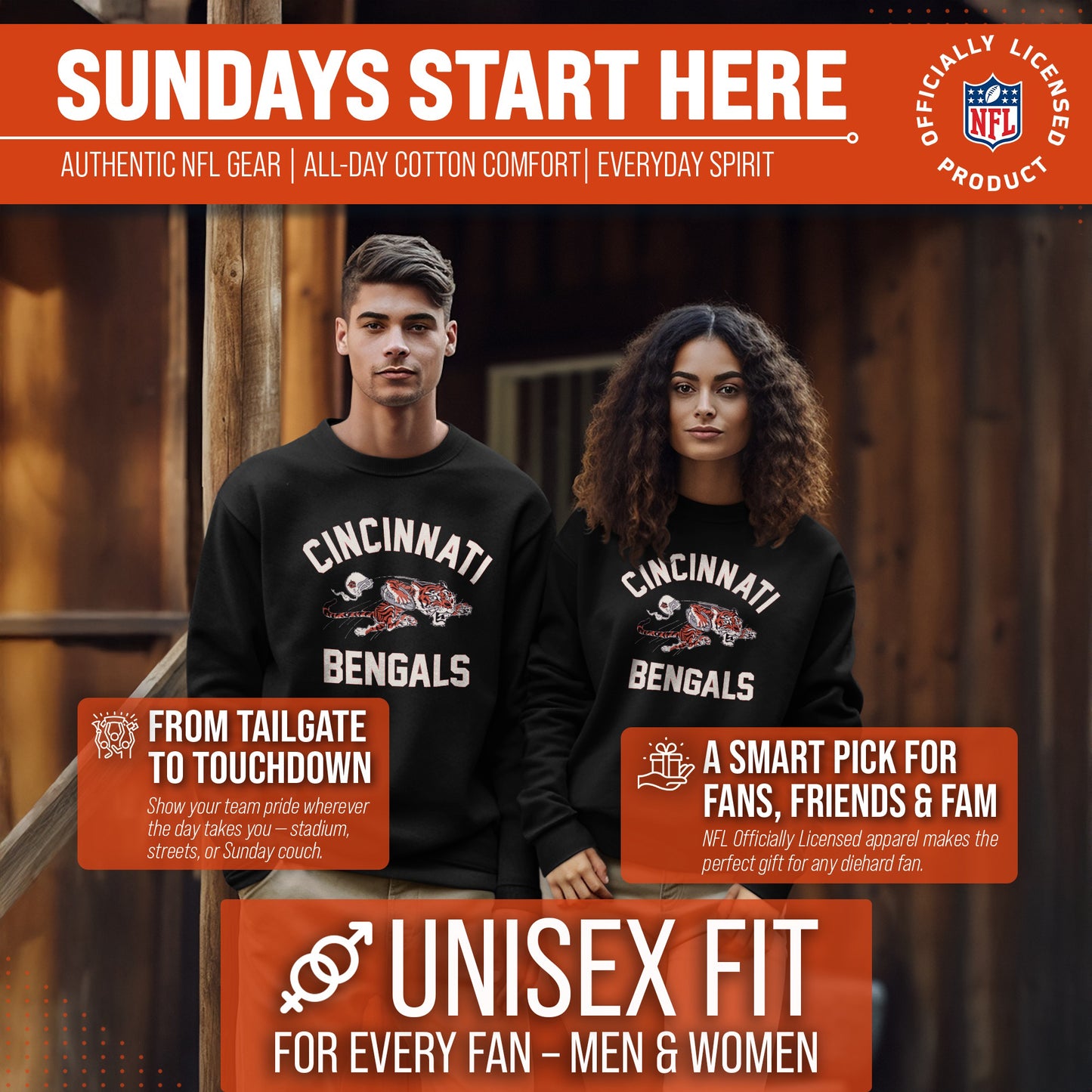 Cincinnati Bengals NFL Adult Unisex Retro Gameday Ultra Soft Fleece Crewneck Sweatshirt - Black