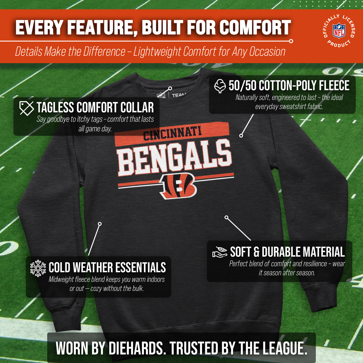 Cincinnati Bengals NFL Adult Long Sleeve Team Block Charcoal Crewneck Sweatshirt - Charcoal