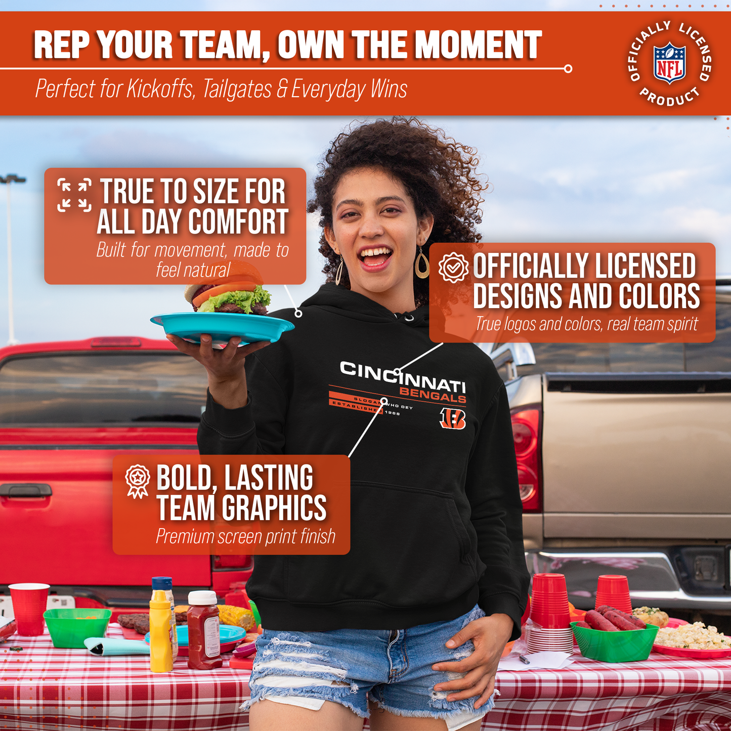 Cincinnati Bengals Adult NFL Speed Stat Sheet Fleece Hooded Sweatshirt - Black