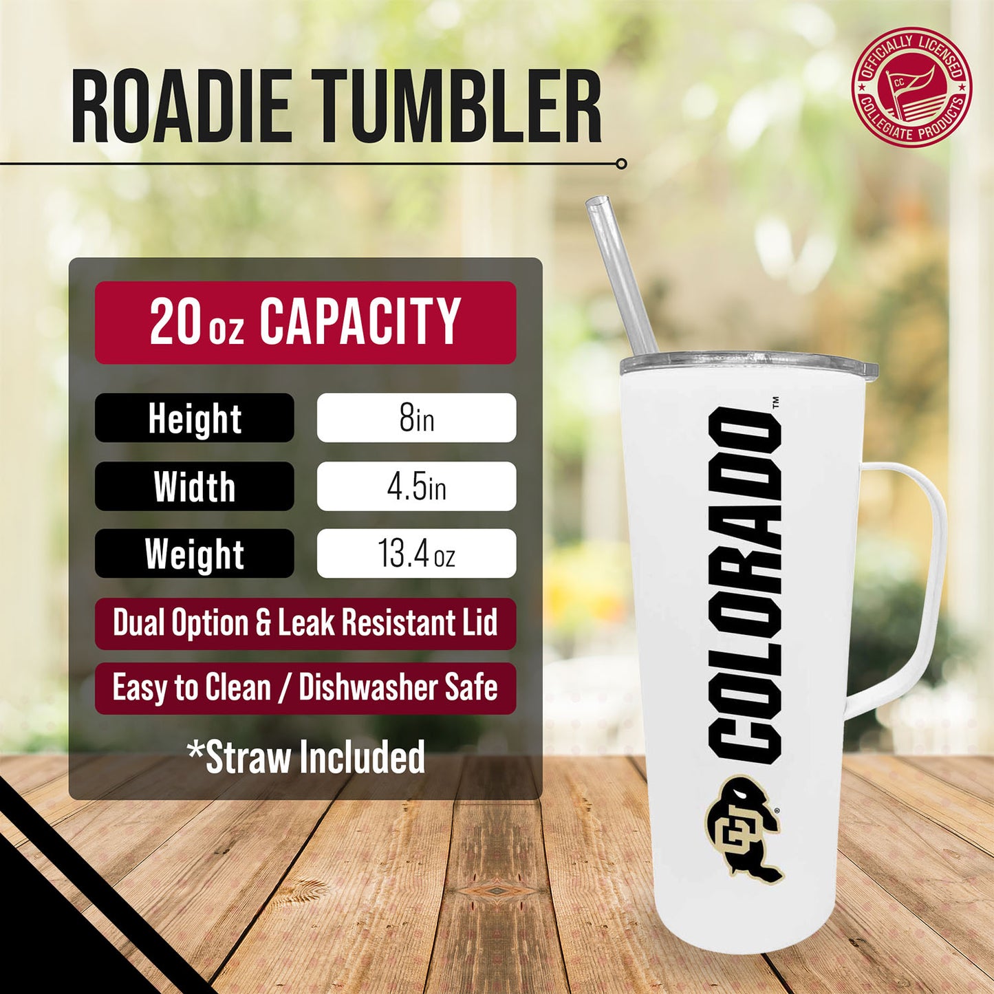 Colorado Buffaloes NCAA Stainless Steel 20oz Roadie With Handle & Dual Option Lid With Straw - White