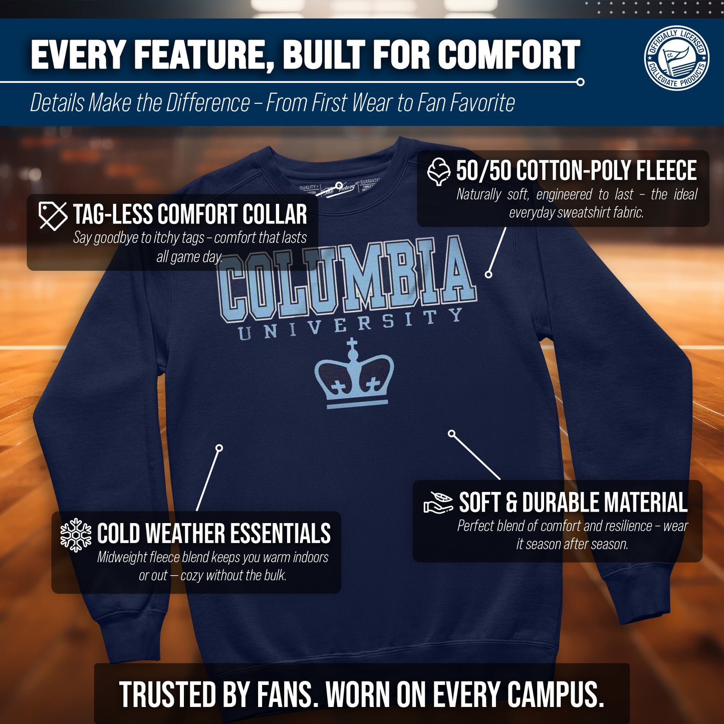 Columbia Lions Campus Colors Adult Arch & Logo Soft Style Gameday Crewneck Sweatshirt - Navy