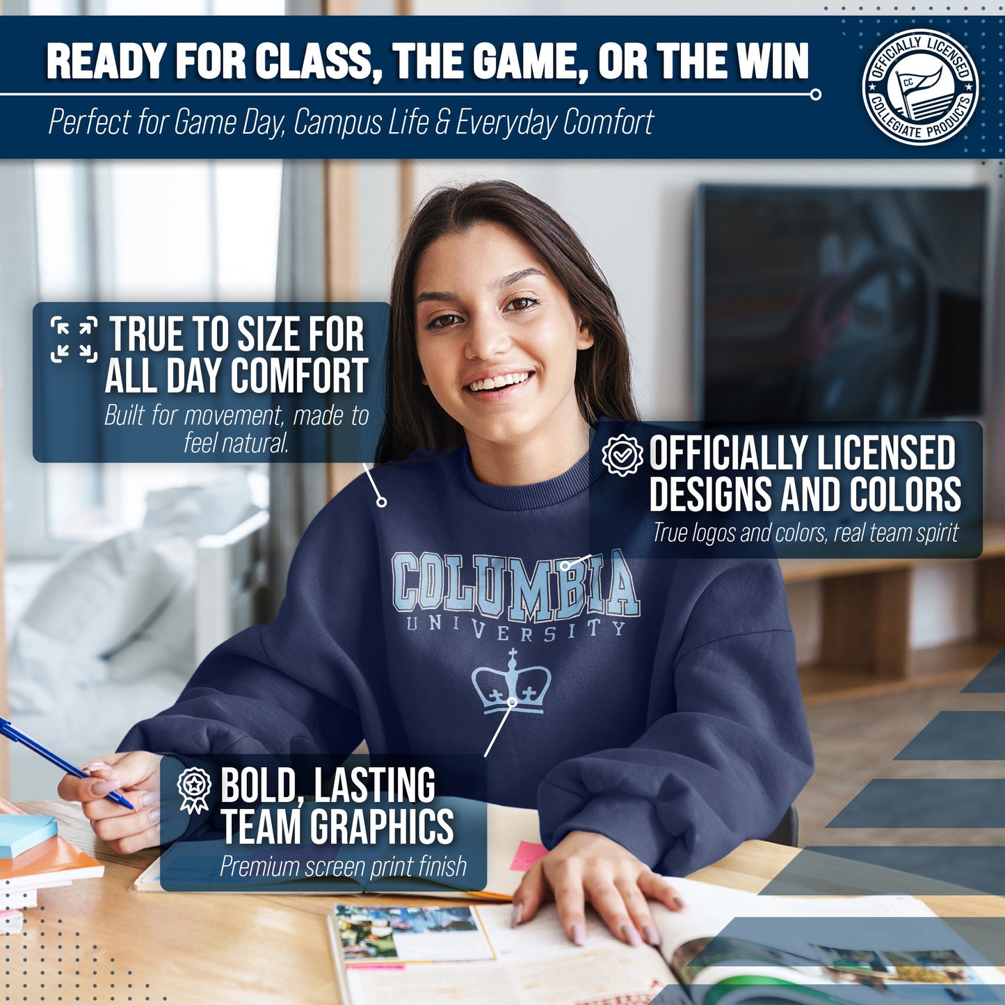 Columbia Lions Campus Colors Adult Arch & Logo Soft Style Gameday Crewneck Sweatshirt - Navy