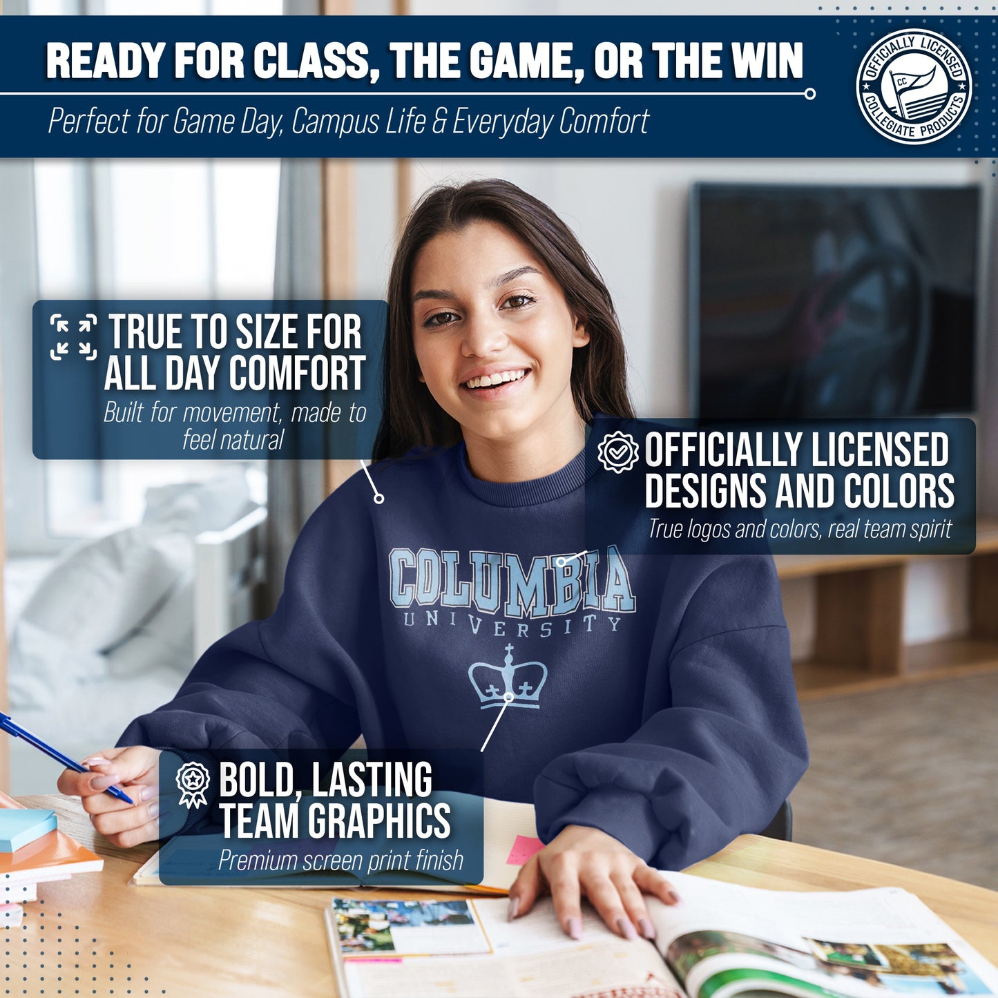 Columbia Lions Campus Colors Adult Arch & Logo Soft Style Gameday Crewneck Sweatshirt  - Navy