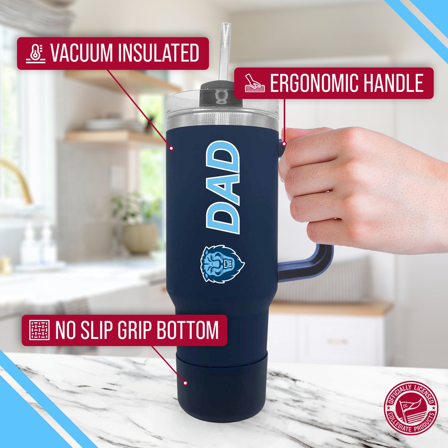 Columbia Lions Collegiate 40oz Stainless Steel Travel Tumbler with Handle for Dad - Navy
