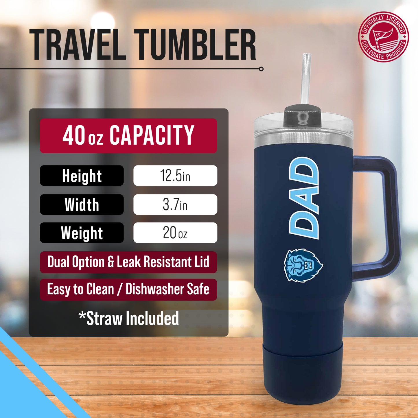 Columbia Lions Collegiate 40oz Stainless Steel Travel Tumbler with Handle for Dad - Navy