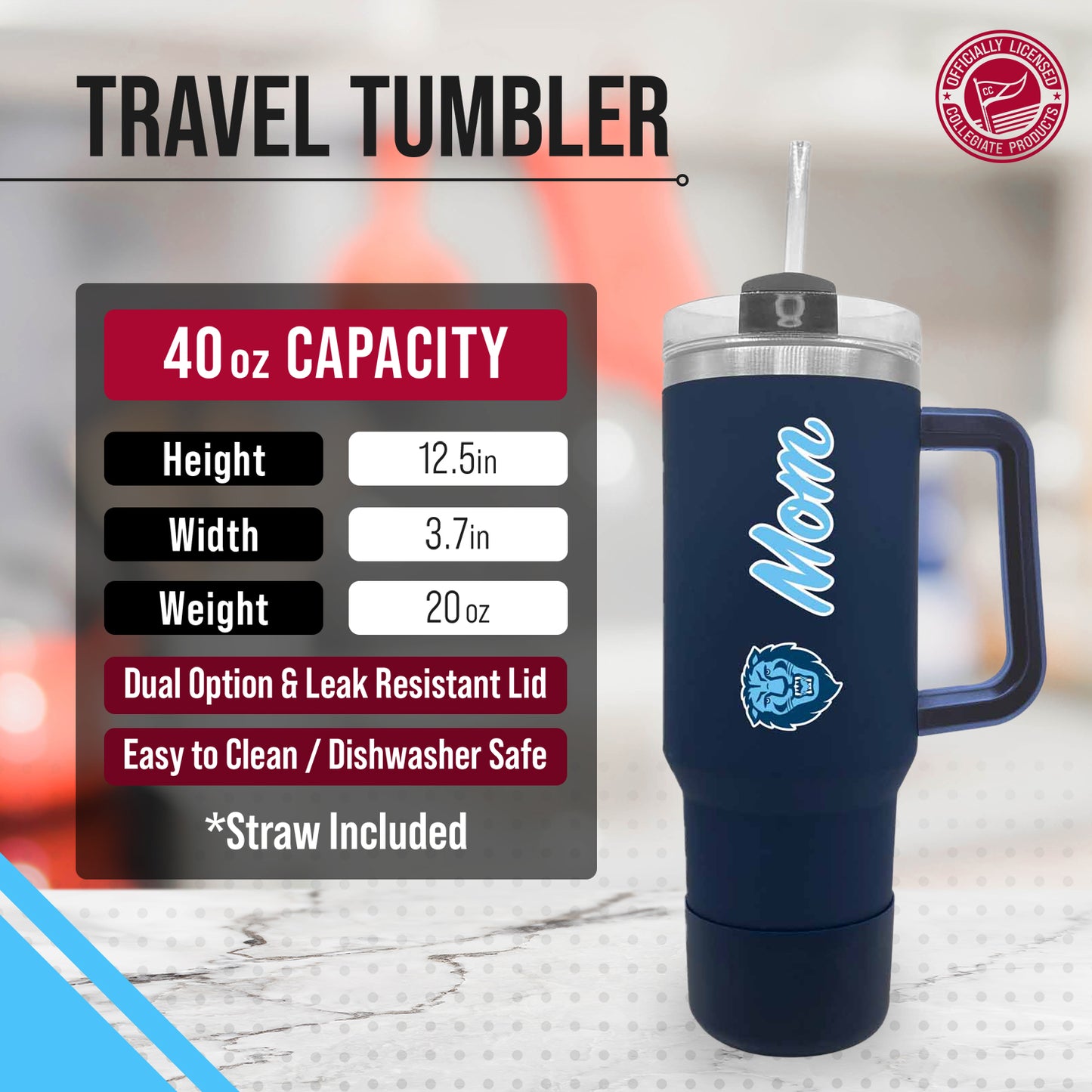 Columbia Lions Collegiate 40oz Stainless Steel Travel Tumbler with Handle for Mom - Navy