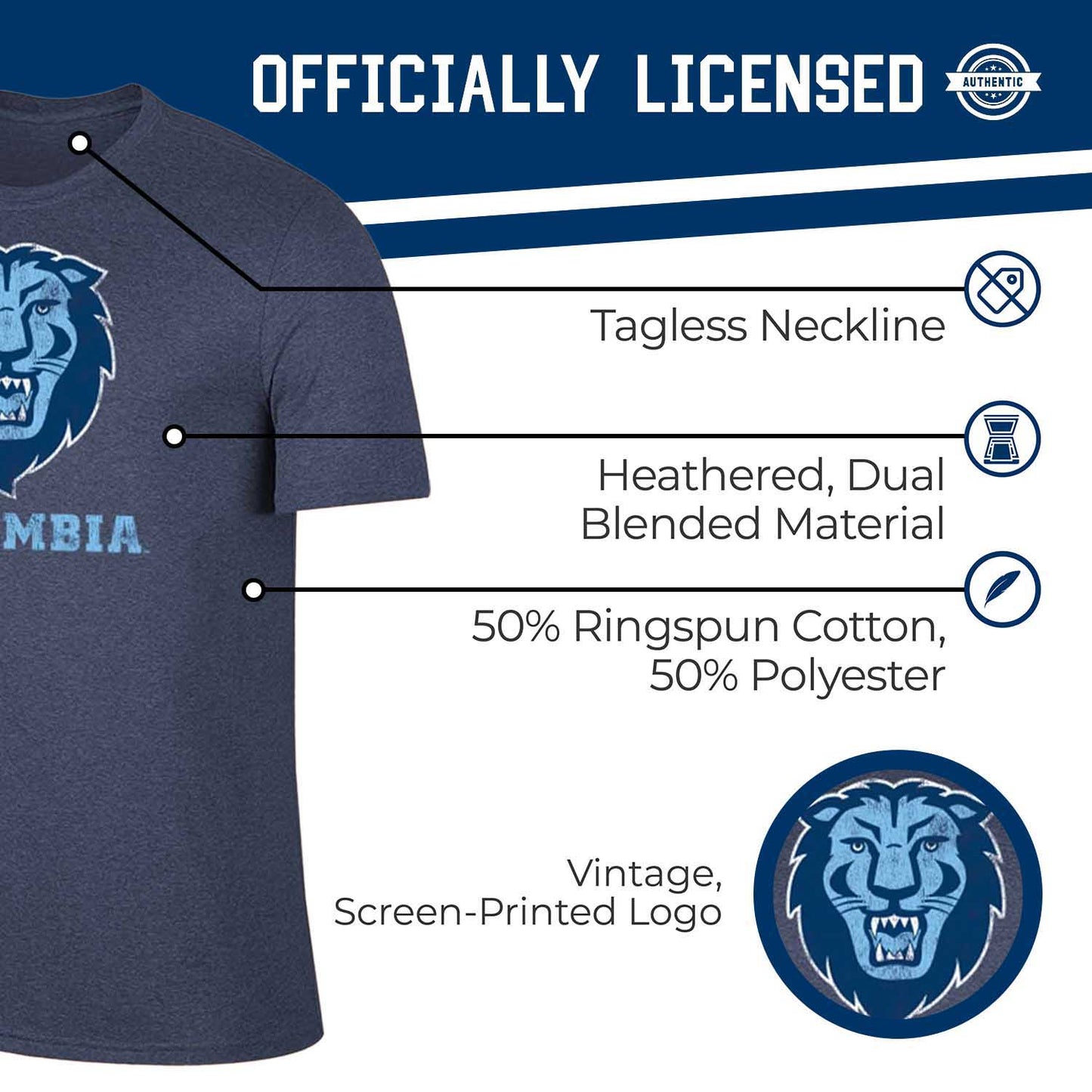 Columbia Lions Collegiate Adult Heathered Cotton Blend T-Shirt - Navy