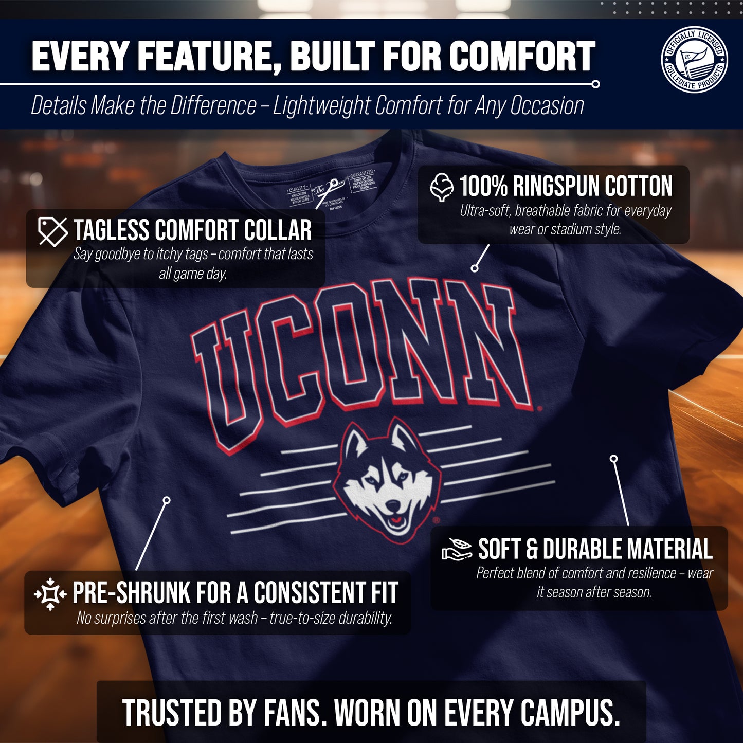 UCONN Huskies NCAA Adult Unisex Overtime Classics T-Shirt - Navy