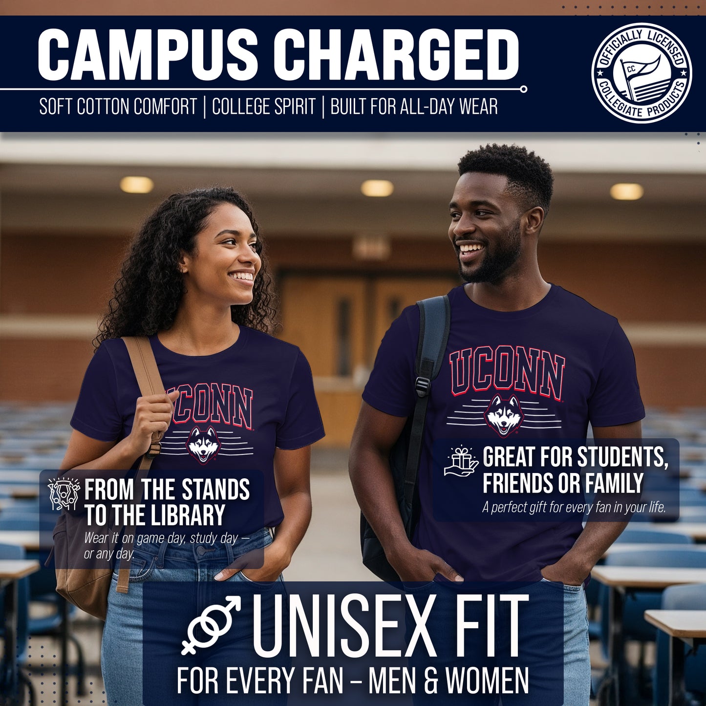UCONN Huskies NCAA Adult Unisex Overtime Classics T-Shirt - Navy