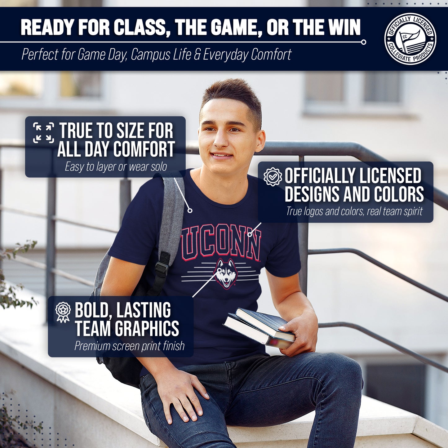 UCONN Huskies NCAA Adult Unisex Overtime Classics T-Shirt - Navy