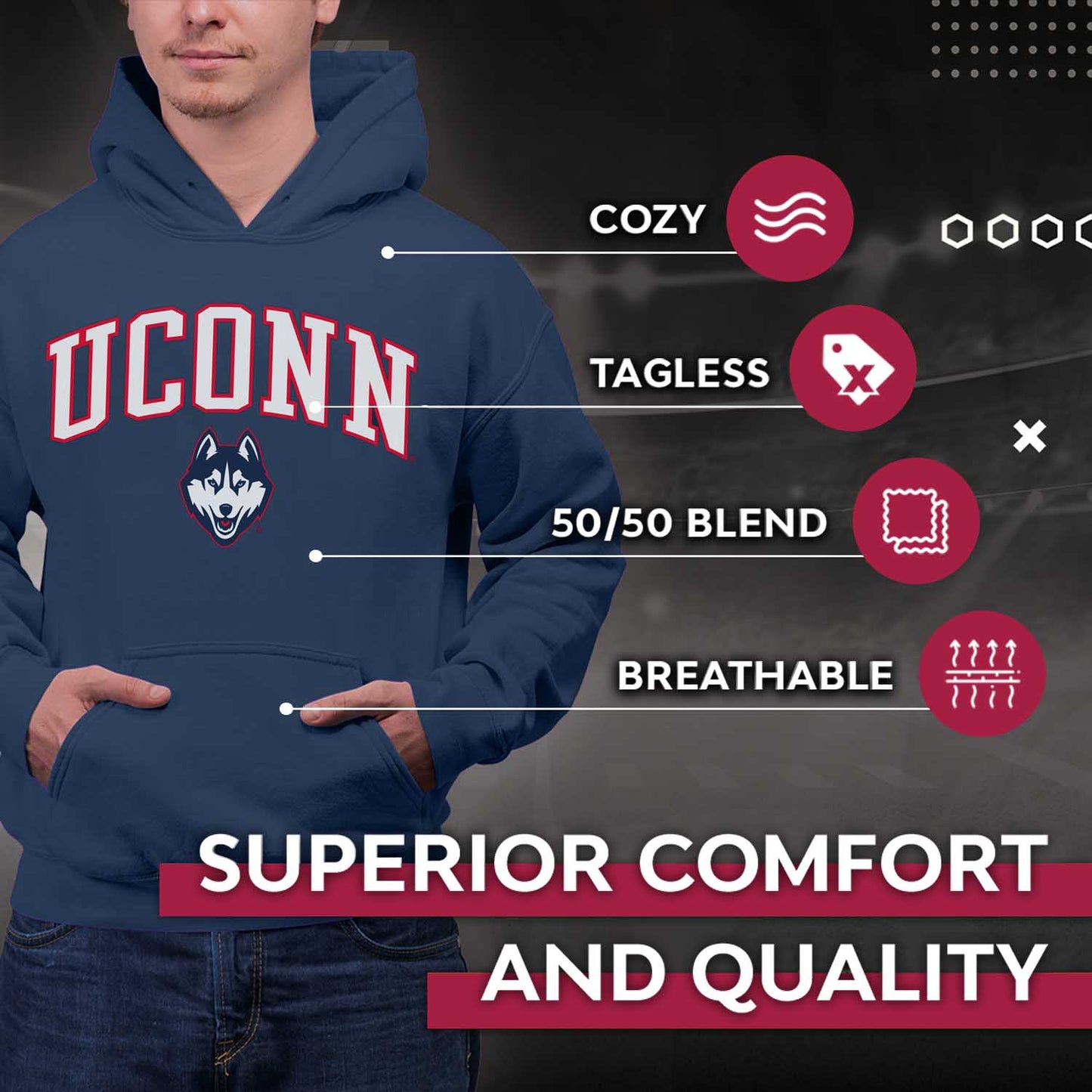 UCONN Huskies NCAA Adult Tackle Twill Hooded Sweatshirt - Navy