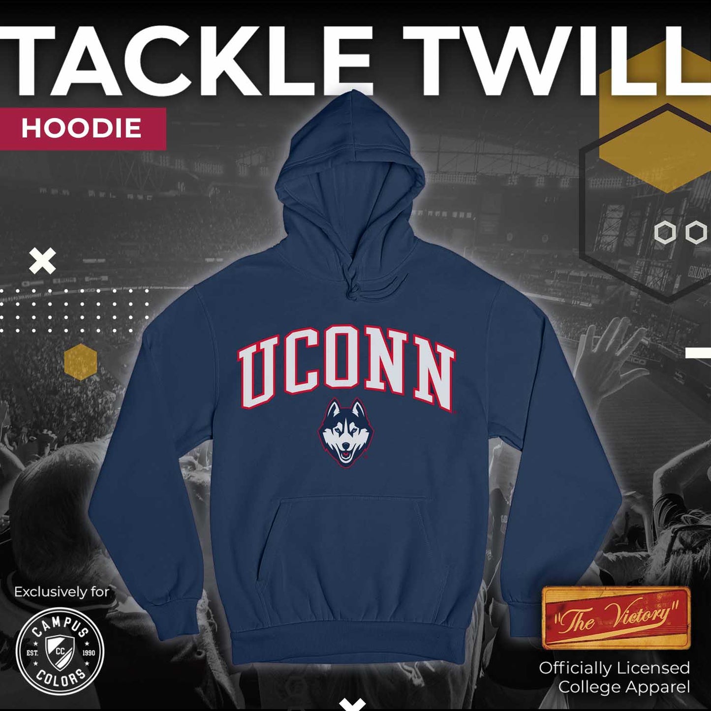 UCONN Huskies NCAA Adult Tackle Twill Hooded Sweatshirt - Navy