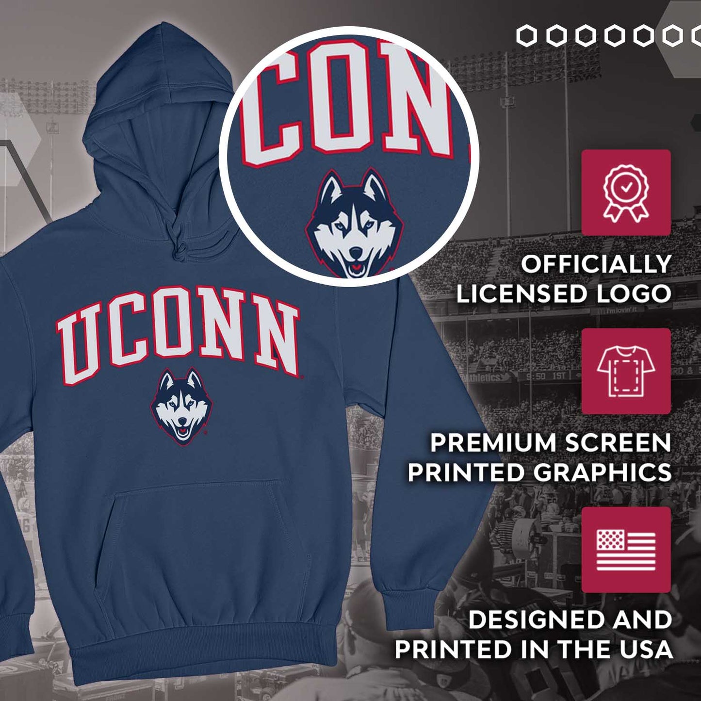 UCONN Huskies NCAA Adult Tackle Twill Hooded Sweatshirt - Navy